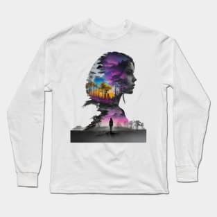 Ethereal Woman Silhouette Blending With Surreal Sunset Landscape in Monochrome Shades Long Sleeve T-Shirt